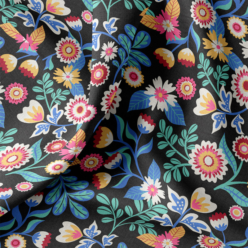 Printed Acryl Coated Cotton KALERIA Black / Blue